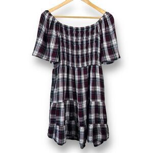 Robbie‎ Bee Women's 10 Smocked Babydoll Dress Tiered Red Black Plaid Knee Length